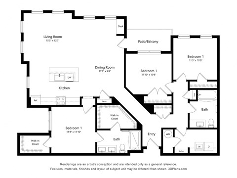 Floor plan for 3 beds, 2 baths, 1567 sqft